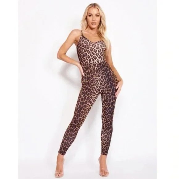 Pants - Leopard Print Animal Print Sleeveless V-Neck Bodycon Jumpsuit Playsuit
